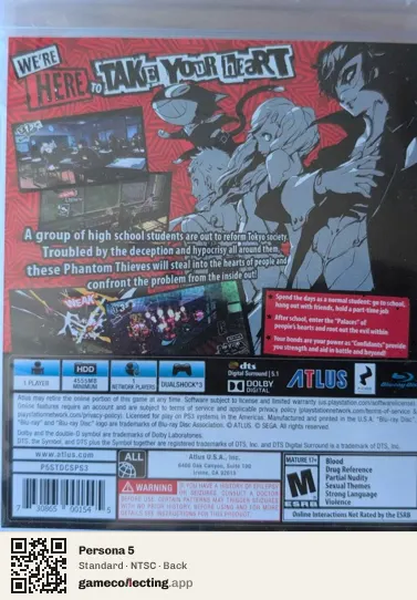 Persona 5 PlayStation 3, NTSC box back