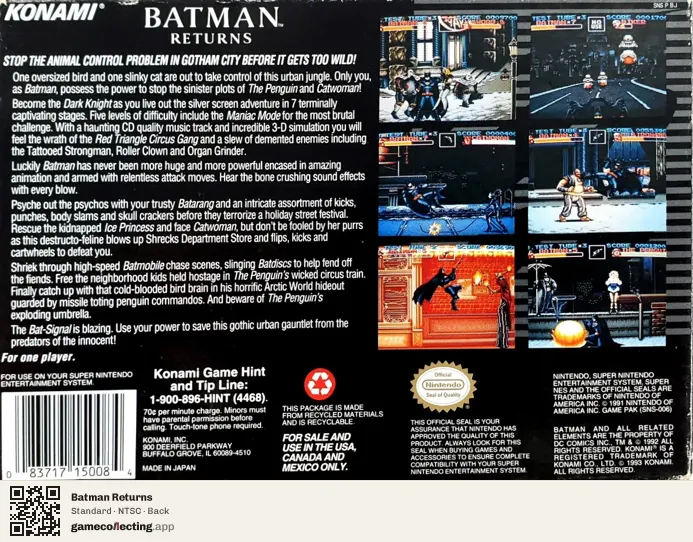 Batman Returns Super Nintendo Entertainment System, NTSC box back