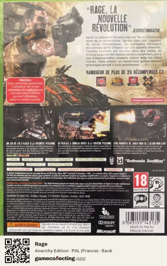 Rage Xbox 360, France box back