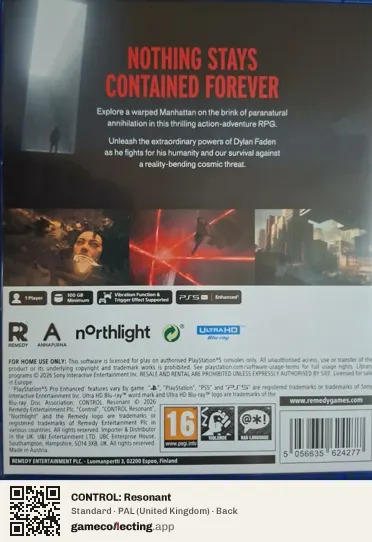 CONTROL: Resonant PlayStation 5, United Kingdom box back