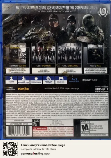 Tom Clancy's Rainbow Six: Siege PlayStation 4, NTSC box back