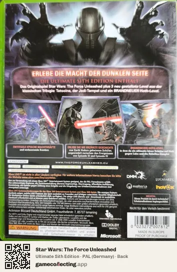 Star Wars: The Force Unleashed Xbox 360, Germany box back