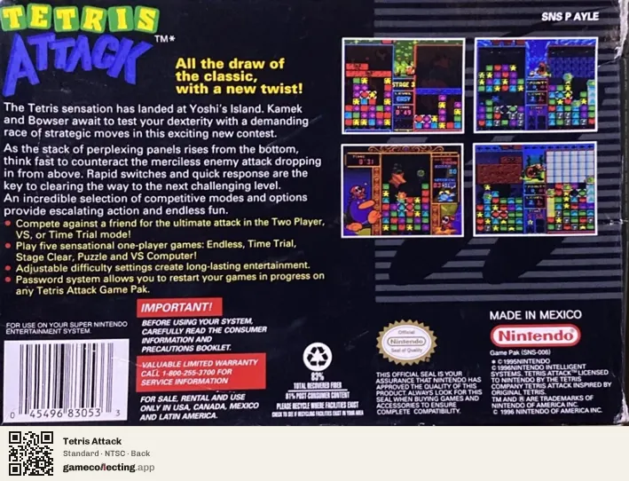 Tetris Attack Super Nintendo Entertainment System, NTSC box back