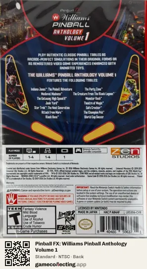 Pinball FX: Williams Pinball Anthology Volume 1 Nintendo Switch, NTSC box back