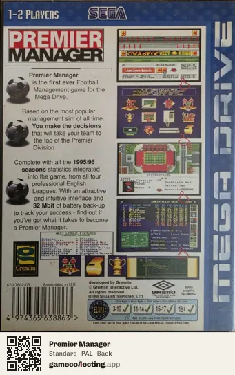 Premier Manager Sega Mega Drive / Genesis, PAL box back