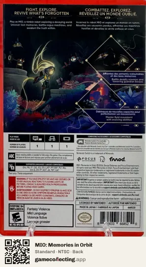 MIO: Memories in Orbit Nintendo Switch 2, NTSC box back