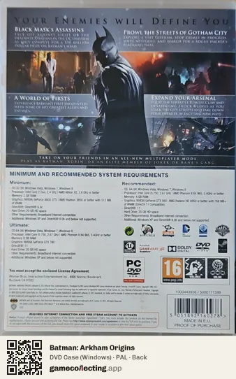 Batman: Arkham Origins Computer, PAL box back