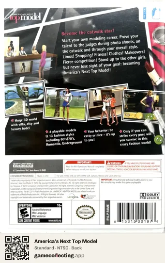 America's Next Top Model Nintendo Wii, NTSC box back
