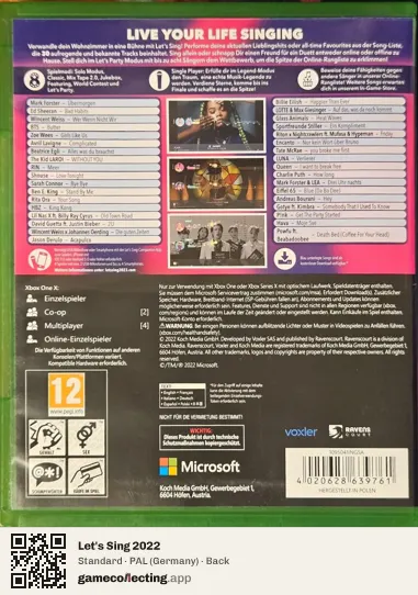 Let's Sing 2022 Xbox One, Germany box back