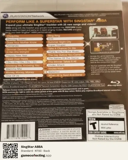 SingStar ABBA PlayStation 3, NTSC box back