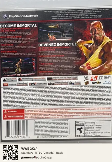 WWE 2K14 PlayStation 3, Canada box back