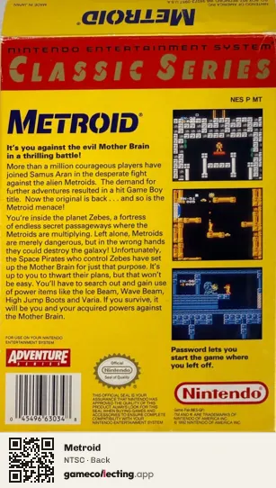 Metroid Nintendo Entertainment System, NTSC box back