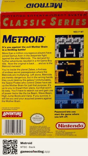 Metroid Nintendo Entertainment System, NTSC box back