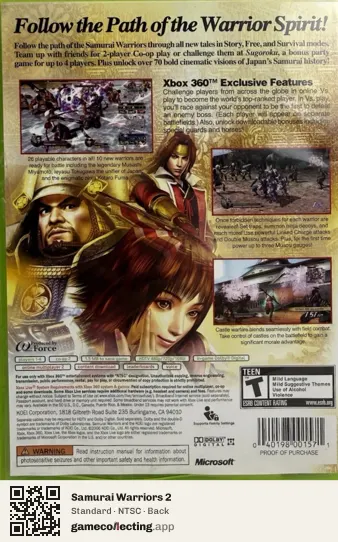 Samurai Warriors 2 Xbox 360, NTSC box back