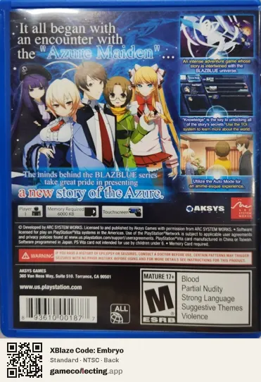 XBlaze Code: Embryo PlayStation Vita, NTSC box back