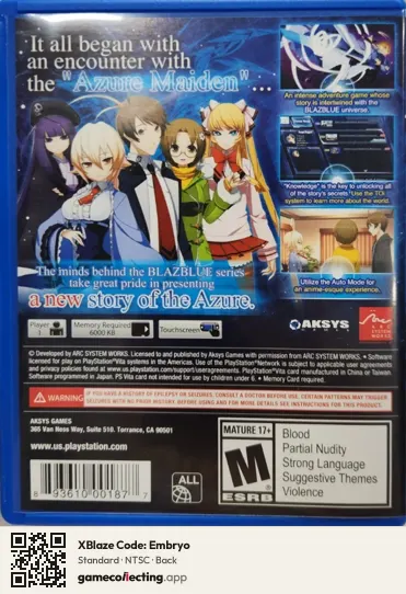 XBlaze Code: Embryo PlayStation Vita, NTSC box back