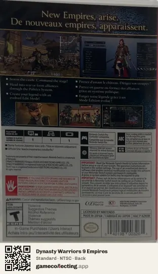 Dynasty Warriors 9 Empires Nintendo Switch, NTSC box back