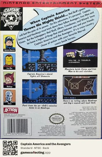 Captain America and the Avengers Nintendo Entertainment System, NTSC box back