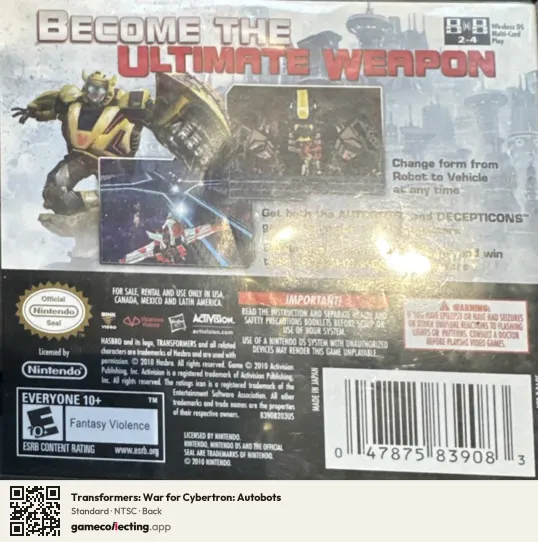 Transformers: War for Cybertron: Autobots Nintendo DS, NTSC box back
