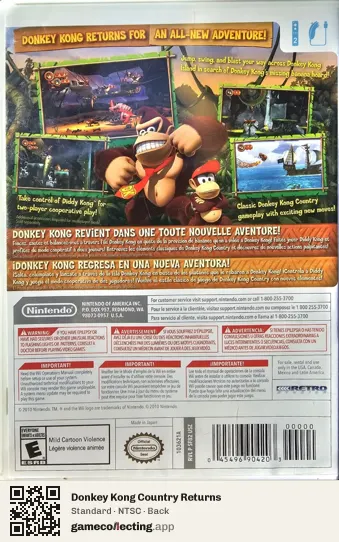 Donkey Kong Country Returns Nintendo Wii, NTSC box back