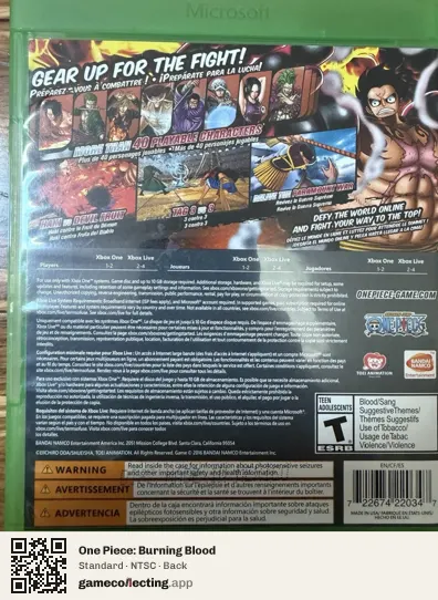 One Piece: Burning Blood Xbox One, NTSC box back