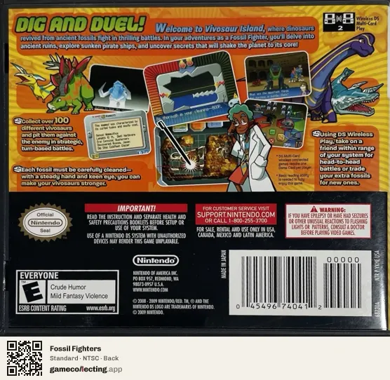 Fossil Fighters Nintendo DS, NTSC box back