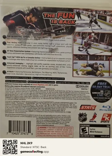 NHL 2K9 PlayStation 3, NTSC box back