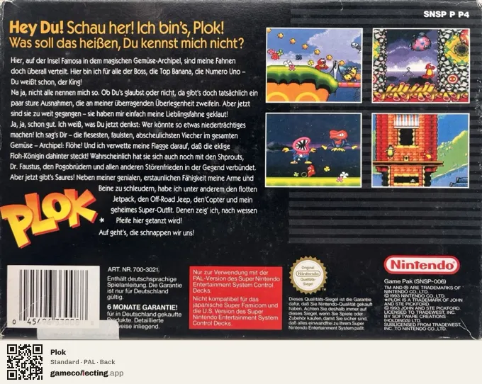 Plok Super Nintendo Entertainment System, PAL box back