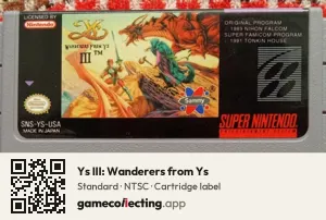 Ys III: Wanderers from Ys Super Nintendo Entertainment System, NTSC cartridge label