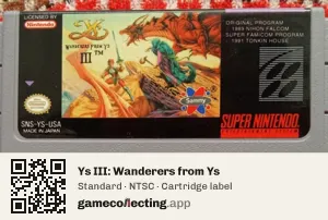Ys III: Wanderers from Ys Super Nintendo Entertainment System, NTSC cartridge label