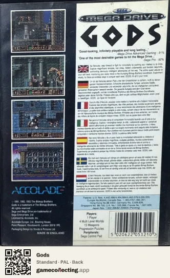 Gods Sega Mega Drive / Genesis, PAL box back