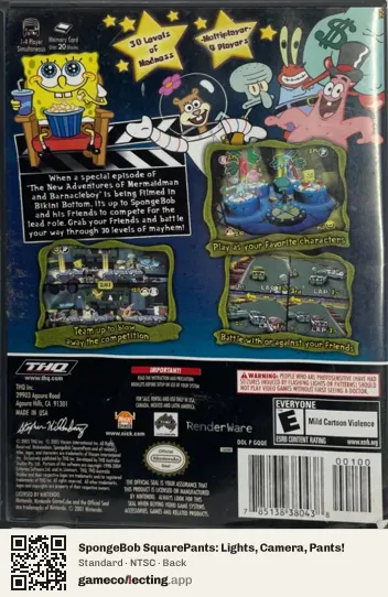 SpongeBob SquarePants: Lights, Camera, Pants! Nintendo GameCube, NTSC box back