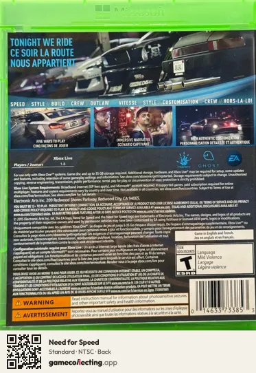 Need for Speed Xbox One, NTSC box back