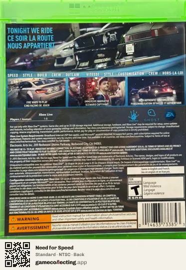 Need for Speed Xbox One, NTSC box back