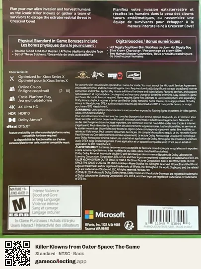 Killer Klowns from Outer Space: The Game Xbox Series X, NTSC box back