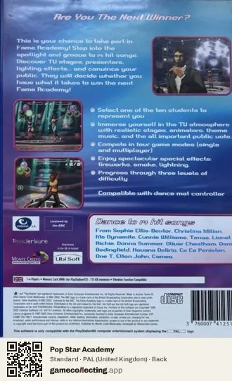 Pop Star Academy PlayStation 2, United Kingdom box back