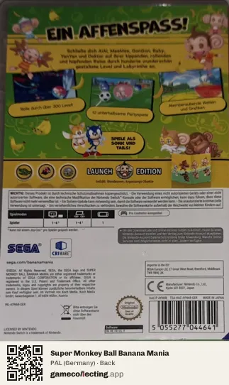 Super Monkey Ball Banana Mania Nintendo Switch, Germany box back