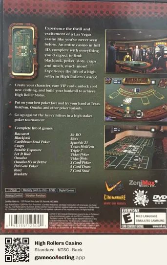High Rollers Casino PlayStation 2, NTSC box back