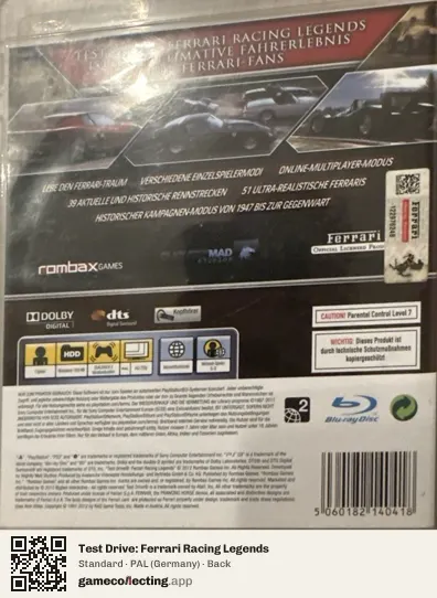 Test Drive: Ferrari Racing Legends PlayStation 3, Germany box back