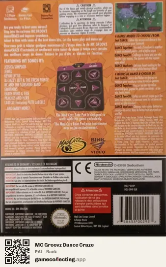 MC Groovz Dance Craze Nintendo GameCube, PAL box back