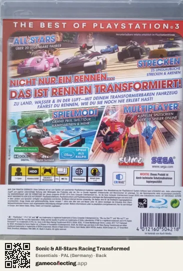 Sonic & All-Stars Racing Transformed PlayStation 3, Germany box back