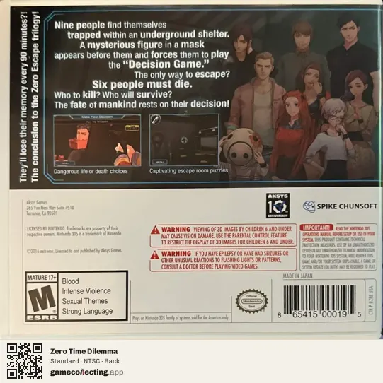 Zero Time Dilemma Nintendo 3DS, NTSC box back