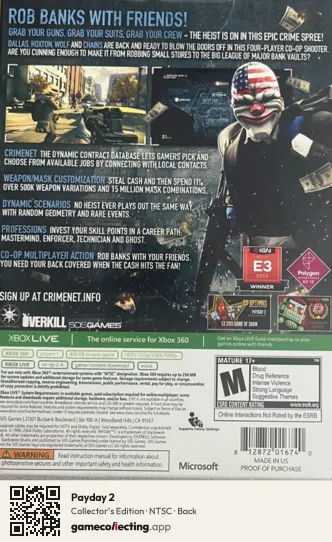 Payday 2 Xbox 360, NTSC box back