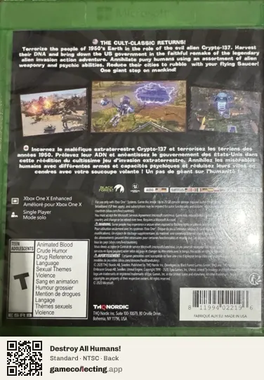 Destroy All Humans! Xbox One, NTSC box back
