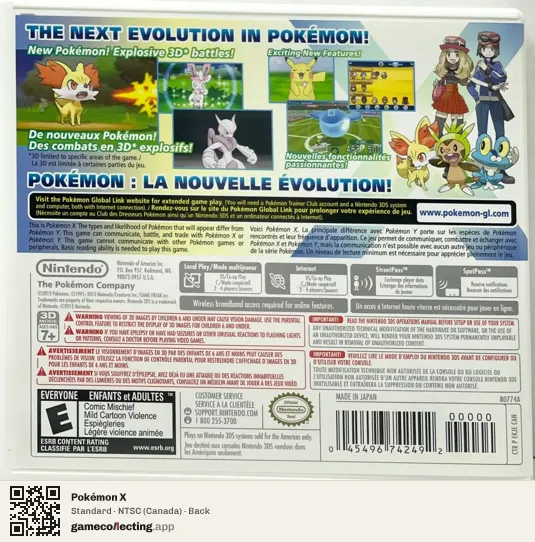Pokémon X Nintendo 3DS, Canada box back
