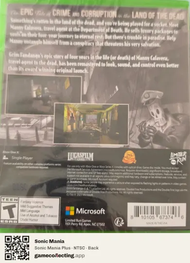 Sonic Mania Xbox One, NTSC box back