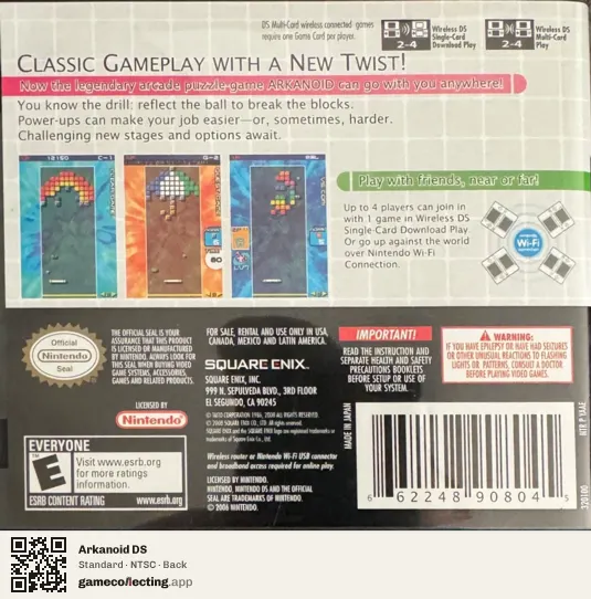 Arkanoid DS Nintendo DS, NTSC box back