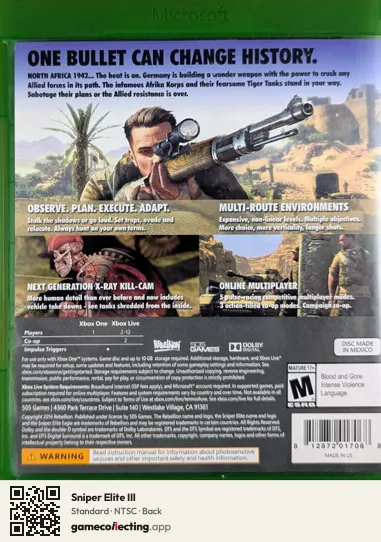 Sniper Elite III Xbox One, NTSC box back