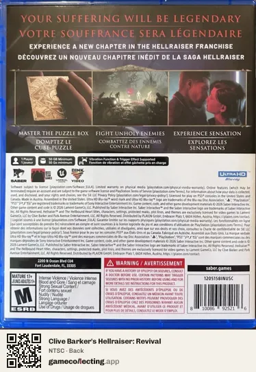 Clive Barker's Hellraiser: Revival PlayStation 5, NTSC box back