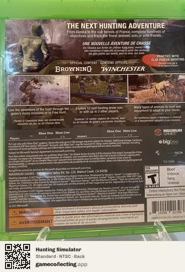 Hunting Simulator Xbox One, NTSC box back